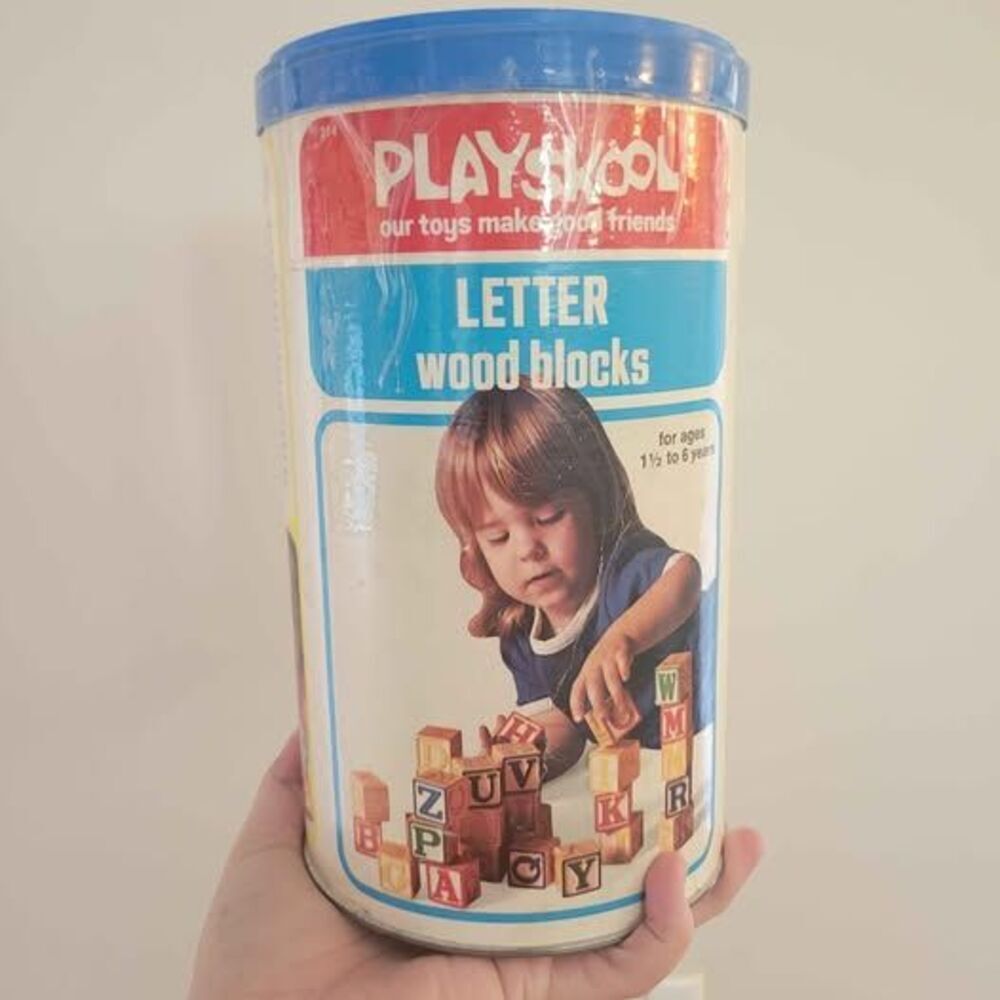70's Vintage Wooden Blocks in Original Canister